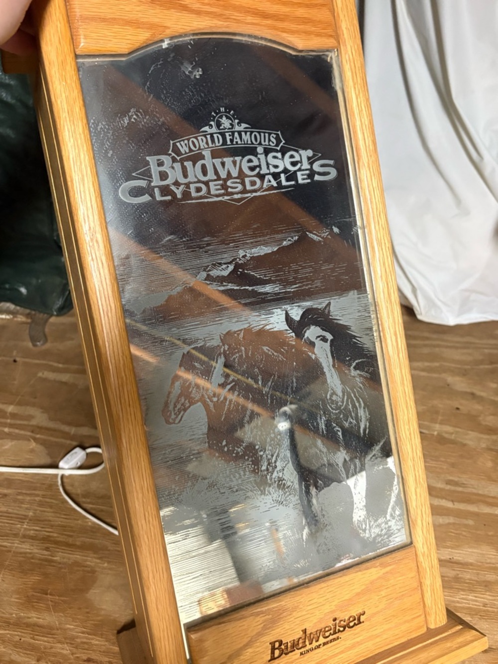 Budweiser Mirror Sign with Wood Frame and Silver Etching